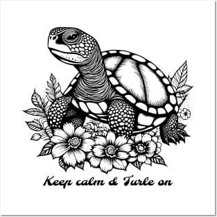 Cute Turtle with flowers, Keep Calm and Turtle On, Black and whiteVintage Style Turtle design Posters and Art